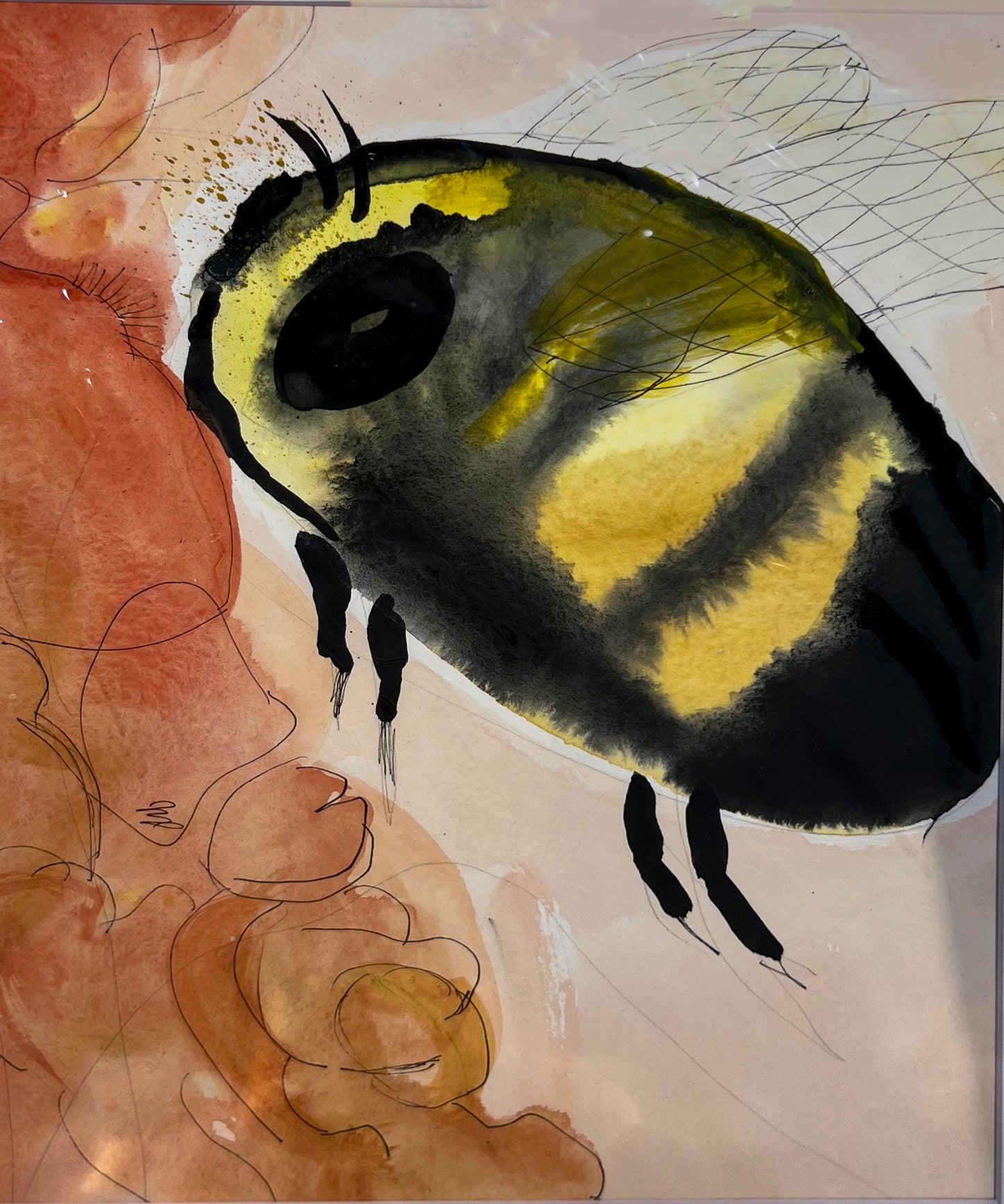 Apis #5 - Abstract Watercolor Bee Painting - Matted